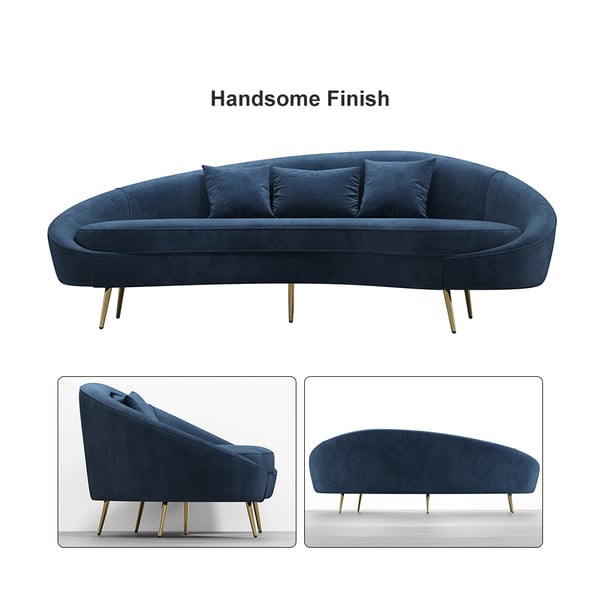 Modern 95 Inch Blue Velvet Curved 3 Seaters Sofa for Living Room