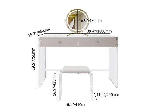 Modern Acrylic Floating Makeup Vanity Set with LED Lighted Standing Mirror & Stool