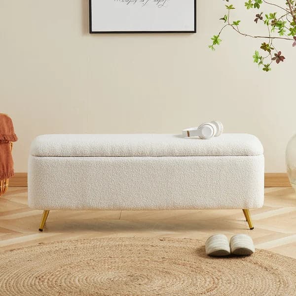 Pouf rembourré avec banc blanc Boucle de chambre à coucher moderne avec rangement et pieds dorés