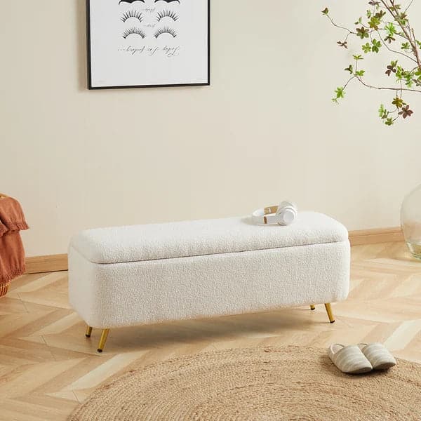 Pouf rembourré avec banc blanc Boucle de chambre à coucher moderne avec rangement et pieds dorés