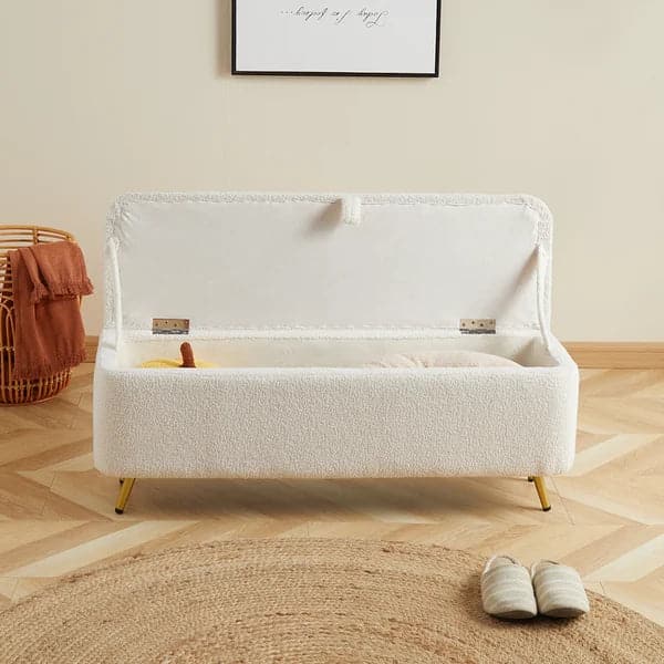 Modern Bedroom Boucle White Bench Upholstered Ottoman with Storage & Gold Legs