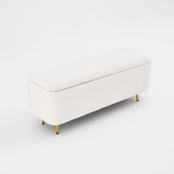 Modern Bedroom Boucle White Bench Upholstered Ottoman with Storage & Gold Legs