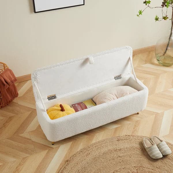 Pouf rembourré avec banc blanc Boucle de chambre à coucher moderne avec rangement et pieds dorés