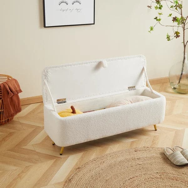 Pouf rembourré avec banc blanc Boucle de chambre à coucher moderne avec rangement et pieds dorés