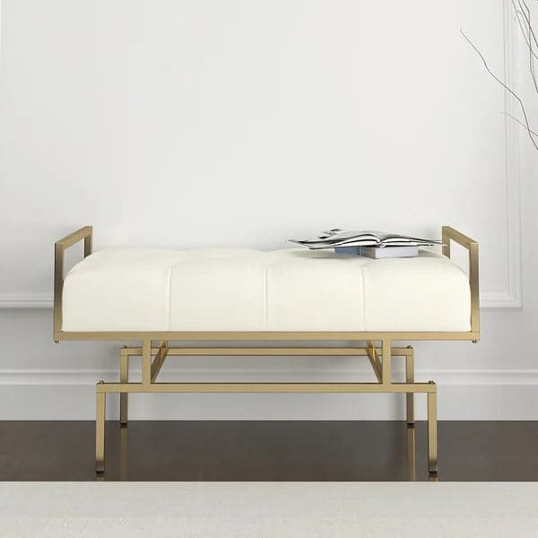 Modern Beige Entryway Bench Faux Leather Upholstered Tufted Bench Gold Legs