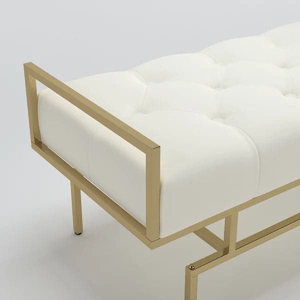 Modern Beige Entryway Bench Faux Leather Upholstered Tufted Bench Gold Legs