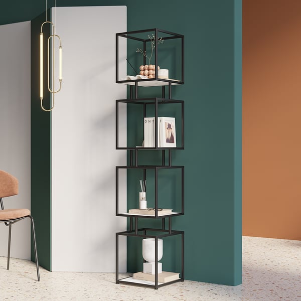 Modern Black Cube Bookcase with Metal 4-Tier Bookshelf Tower Display Tall Shelf