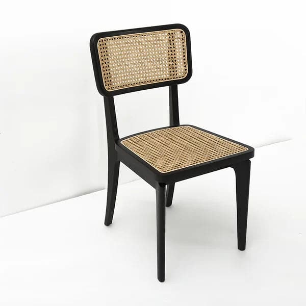 Chaise de salle à manger noire moderne en rotin et frêne