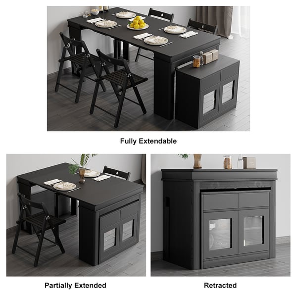 Modern Black Extendable Dining Table Set Rectangle Storage Sideboard with 4 Chairs