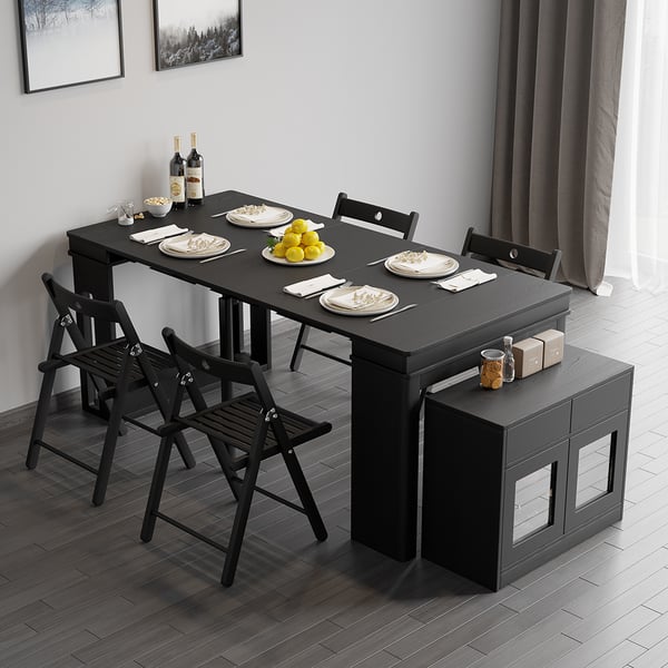 Modern Black Extendable Dining Table Set Rectangle Storage Sideboard with 4 Chairs