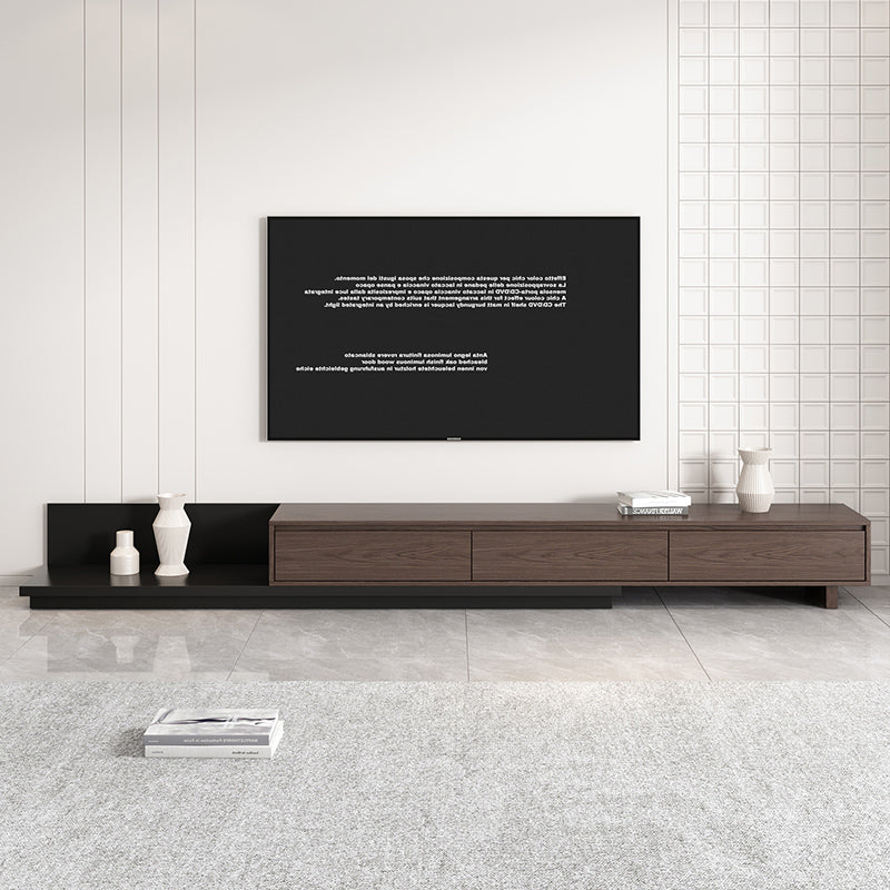 Modern Dark Walnut & Black Minimalist Retractable TV Stand Extendable Media Console with 3 Retracted Drawers  Up to 120 Inches