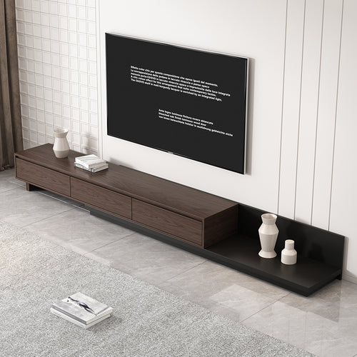 Meuble TV rétractable moderne minimaliste en noyer foncé et noir, console multimédia extensible avec 3 tiroirs rétractés jusqu'à 120