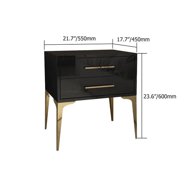 Modern Black Nightstand Glossy 2-Drawer Bedside Cabinet High Legs