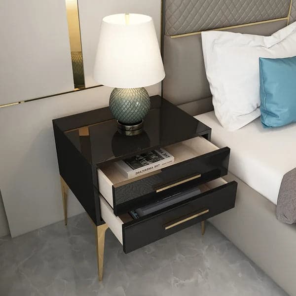 Modern Black Nightstand Glossy 2-Drawer Bedside Cabinet High Legs