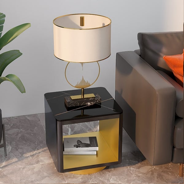 Modern Black Side Table with Storage Hollow Cube Table with Gold Metal Pedestal