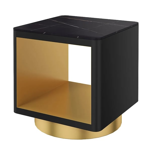 Modern Black Side Table with Storage Hollow Cube Table with Gold Metal Pedestal