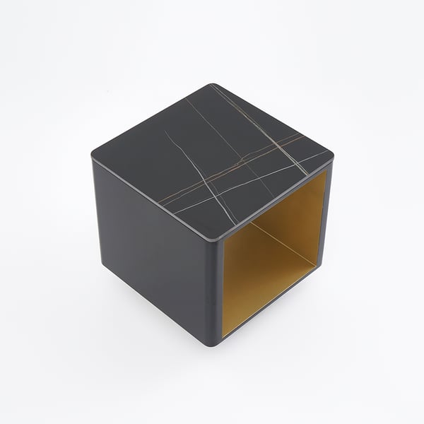 Modern Black Side Table with Storage Hollow Cube Table with Gold Metal Pedestal