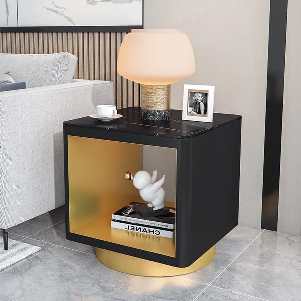 Modern Black Side Table with Storage Hollow Cube Table with Gold Metal Pedestal