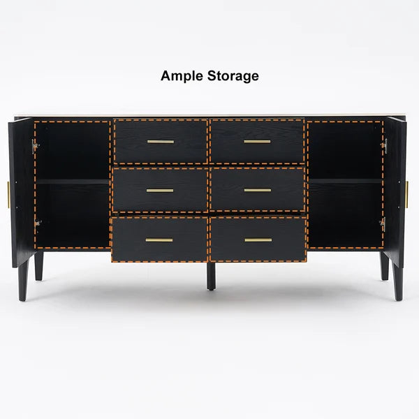 Modern Black Sideboard Buffet Sintered Stone Top Drawers&2 Doors Kitchen Cabinet