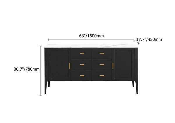 Buffet noir moderne avec tiroirs supérieurs en pierre frittée et armoire de cuisine à 2 portes