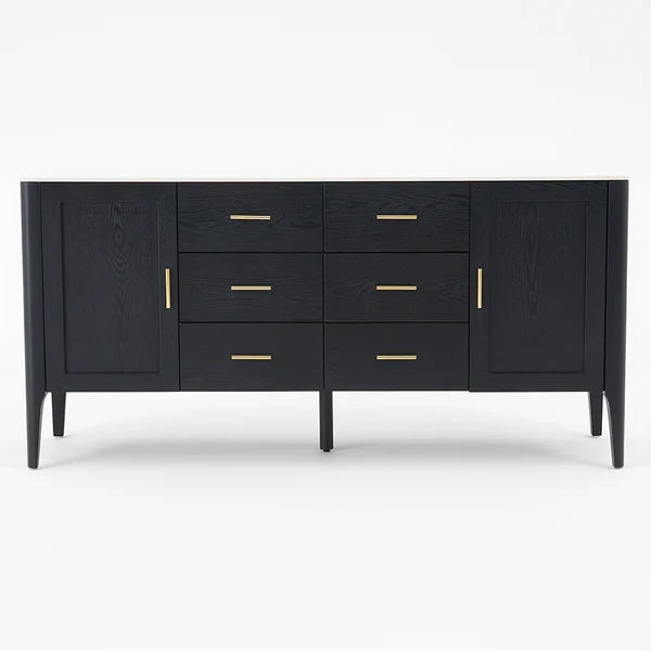 Modern Black Sideboard Buffet Sintered Stone Top Drawers&2 Doors Kitchen Cabinet