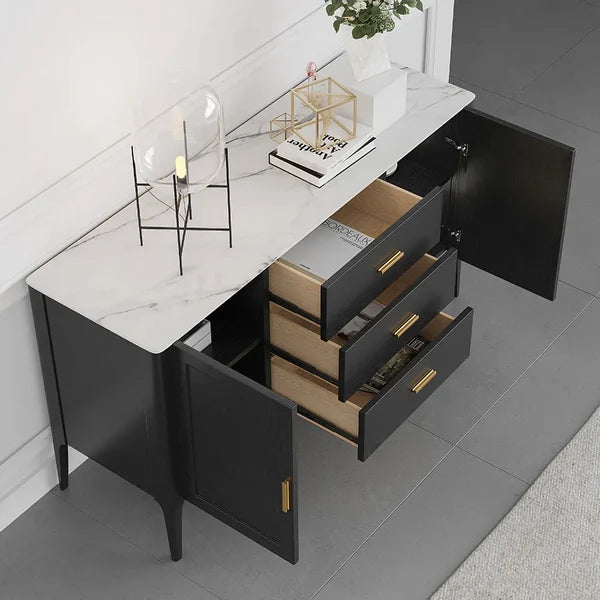 Buffet noir moderne avec tiroirs supérieurs en pierre frittée et armoire de cuisine à 2 portes