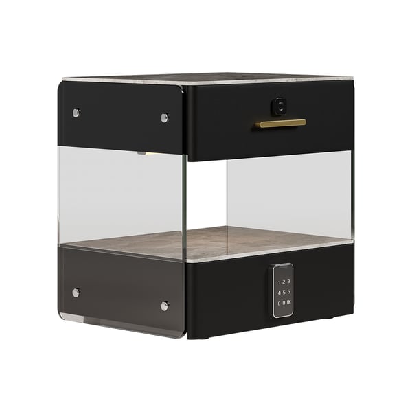 Modern Black Smart Leather Nightstand with Light & Sintered Stone Top & Fingerprint Lock