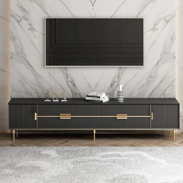 Meuble TV moderne noir, 4 tiroirs, 2 portes, console multimédia, finition dorée, grand modèle