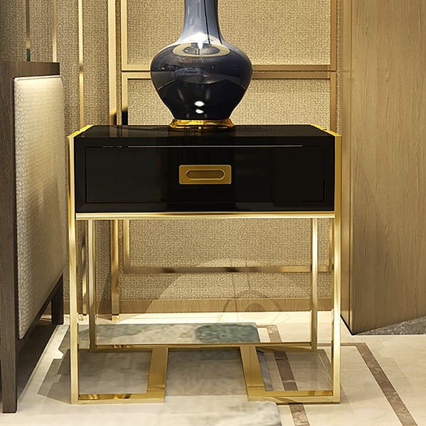 Modern Black Wooden End Table with 1 Drawer and Golden Double Pedestal