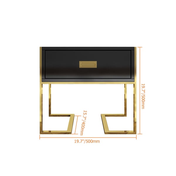 Modern Black Wooden End Table with 1 Drawer and Golden Double Pedestal