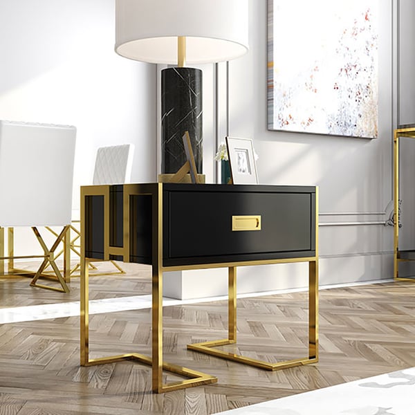 Modern Black Wooden End Table with 1 Drawer and Golden Double Pedestal