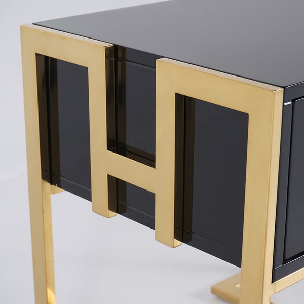 Modern Black Wooden End Table with 1 Drawer and Golden Double Pedestal