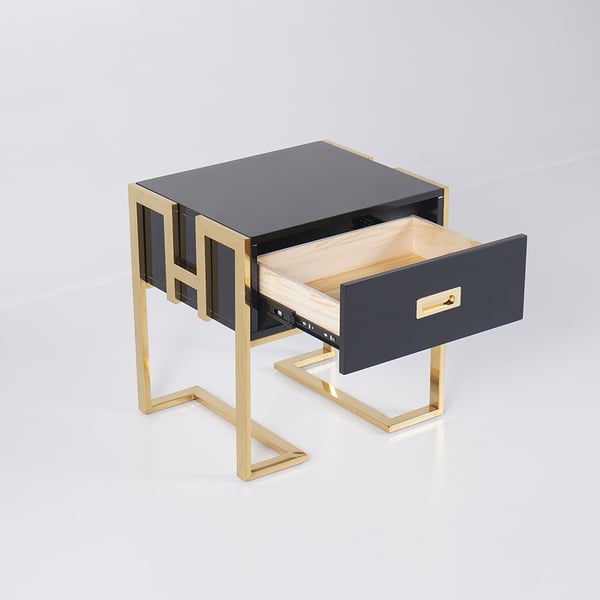 Modern Black Wooden End Table with 1 Drawer and Golden Double Pedestal