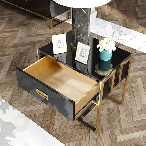 Modern Black Wooden End Table with 1 Drawer and Golden Double Pedestal