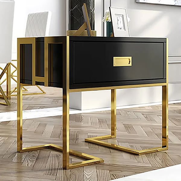 Modern Black Wooden End Table with 1 Drawer and Golden Double Pedestal