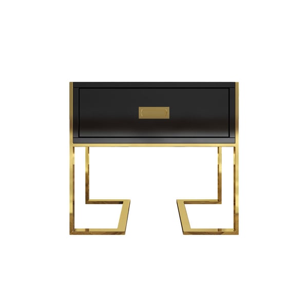 Modern Black Wooden End Table with 1 Drawer and Golden Double Pedestal