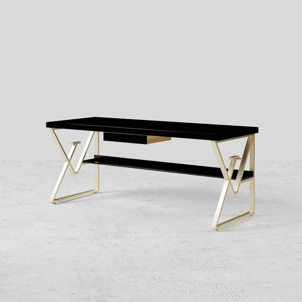 Modern White/Black Writing Desk with Drawer & Shelf Wood Top & Metal Frame#Black-S