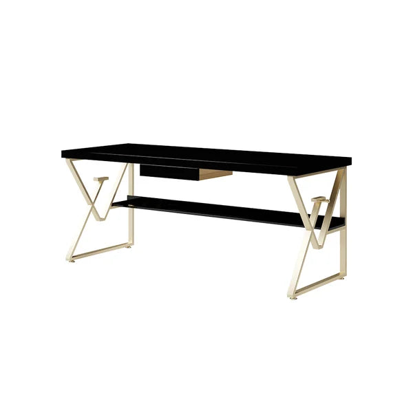 Modern White/Black Writing Desk with Drawer & Shelf Wood Top & Metal Frame#Black-S