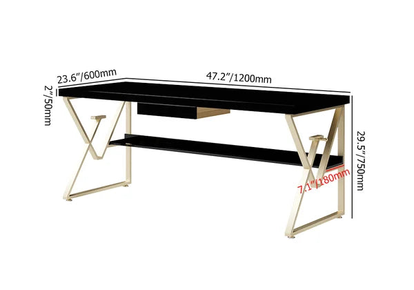 Modern White/Black Writing Desk with Drawer & Shelf Wood Top & Metal Frame#Black-S