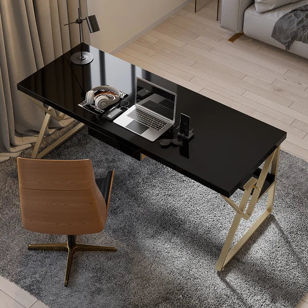 Modern White/Black Writing Desk with Drawer & Shelf Wood Top & Metal Frame#Black-S