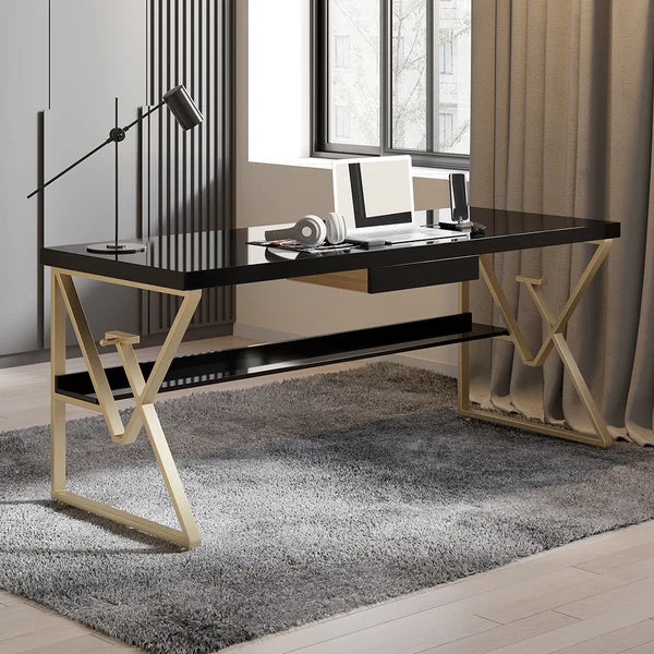 Modern White/Black Writing Desk with Drawer & Shelf Wood Top & Metal Frame#Black-S