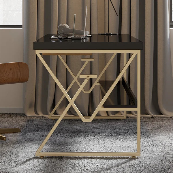 Modern White/Black Writing Desk with Drawer & Shelf Wood Top & Metal Frame#Black-S