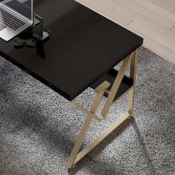 Modern White/Black Writing Desk with Drawer & Shelf Wood Top & Metal Frame#Black-S