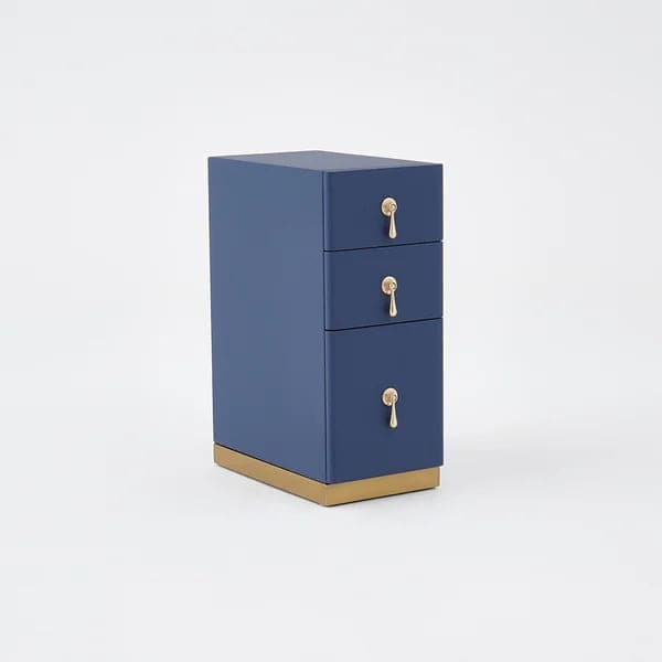 Modern Blue 3-Drawer Nightstand Narrow Bedside Table with Faux Leather Upholstery