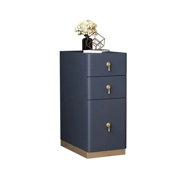 Modern Blue 3-Drawer Nightstand Narrow Bedside Table with Faux Leather Upholstery