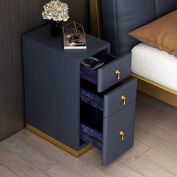 Modern Blue 3-Drawer Nightstand Narrow Bedside Table with Faux Leather Upholstery