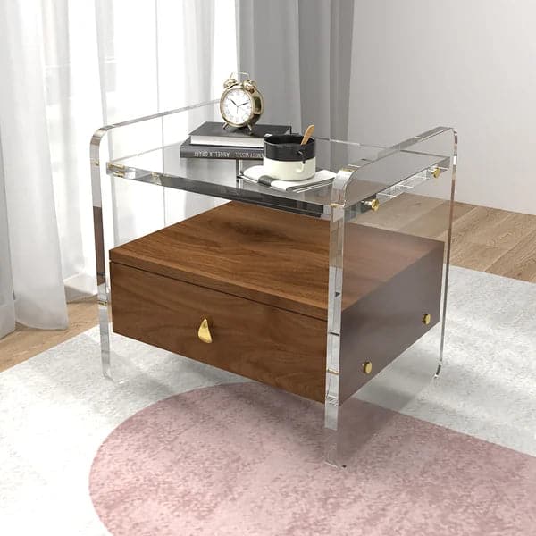 Table de chevet moderne en bois acrylique transparent avec rangement et étagère pour chambre à coucher