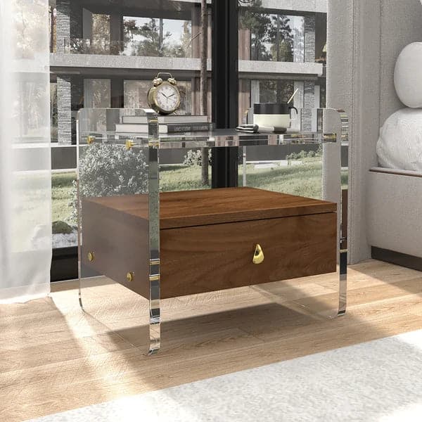 Modern Clear Acrylic Wood Nightstand with Storage & Shelf for Bedroom