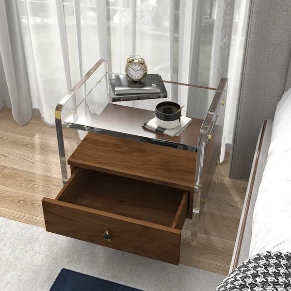 Table de chevet moderne en bois acrylique transparent avec rangement et étagère pour chambre à coucher