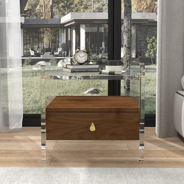 Modern Clear Acrylic Wood Nightstand with Storage & Shelf for Bedroom